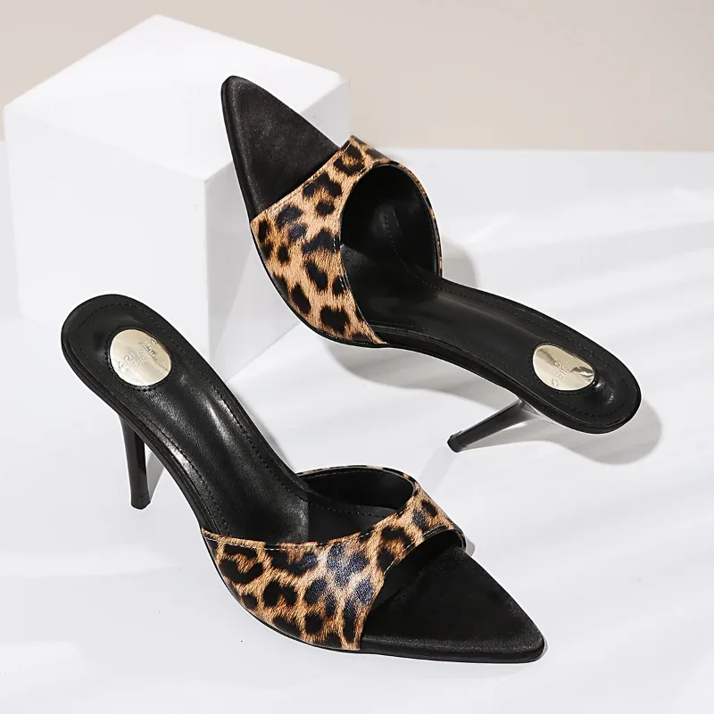 Leopard print straight belt sandals for women 2026 spring and summer new temperament sexy high heels pointed toe sandals