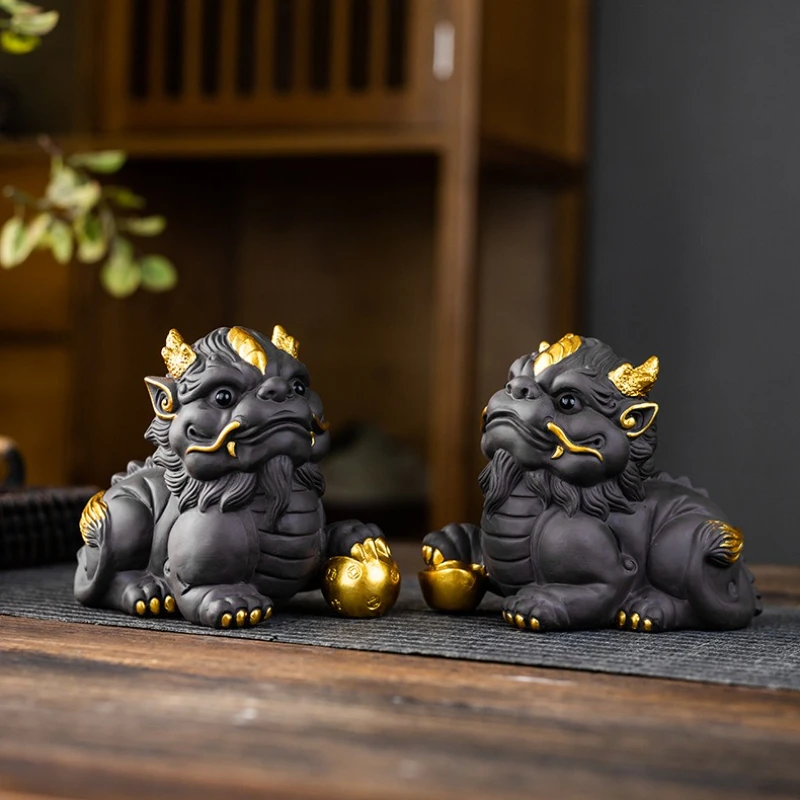 

Lucky Pixiu фиолетовый песочный чайный орнамент для домашнего офиса, украшение для рабочего стола, чайный поднос, аксессуары для чайного столика