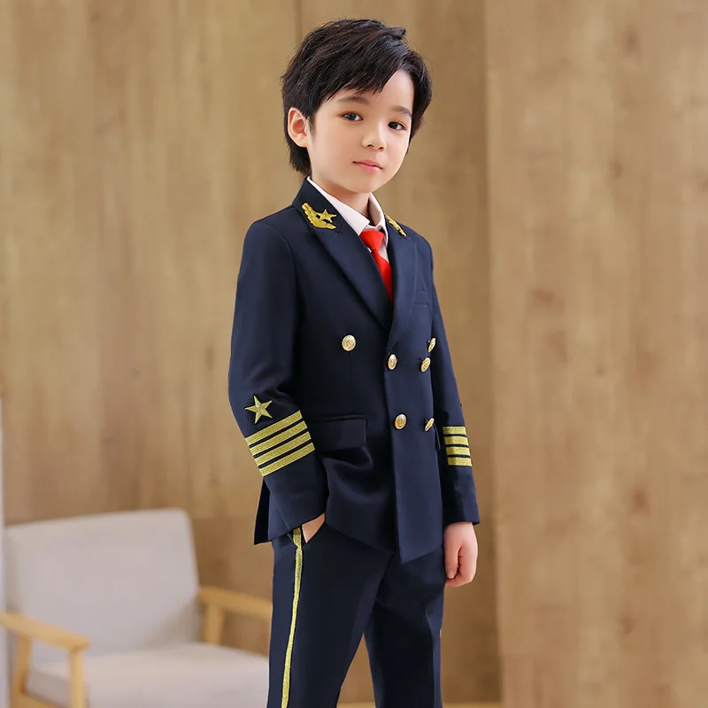 Kids Jakcet Pants Tie Performance Suit Children White Pilot Cos Play Uniform Boys Photograph Dress Teenagers Stage Costume