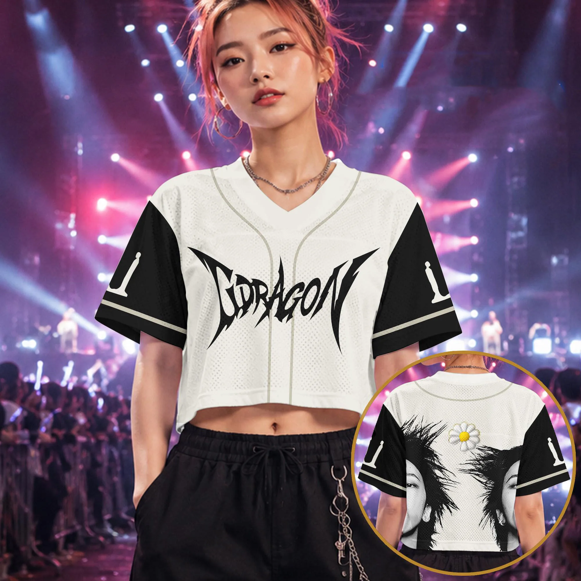 Kpop Bigbang G-Dragon Cropped Jersey Women V Neck Short Sleeve T Shirt Daisy Print Back Graphic Concert Fan Streetwear Y2K Tops