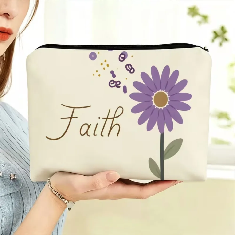 Faith Purple Daisy Flower Makeup Bag Inspirational Quote Cosmetic Pouch Portable Travel Storage Purse Religious Christian