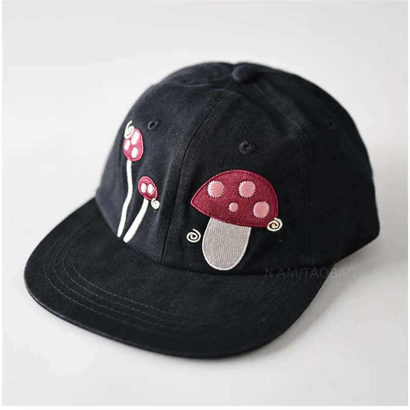 flat brim Unstructured baseball cap unisex washed cotton vintage dad hats cute large mushroom embroidered caps for women Casual
