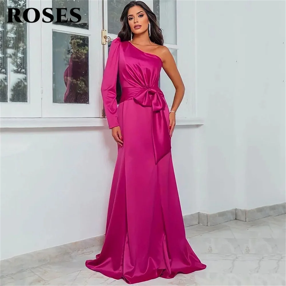 ROSES-vestido de noche fucsia para mujer, traje de sirena de manga larga con un hombro, de satén, con lazo en la cintura, para fiesta de graduación