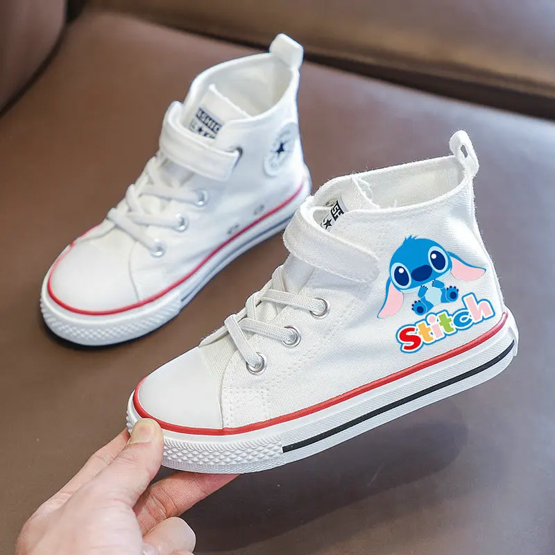 Stitch Children Canvas Shoes Cartoon Stitch Kids High Top Canvas Tennis Shoes Girls Boys White Casual Sneakers Size 25-36