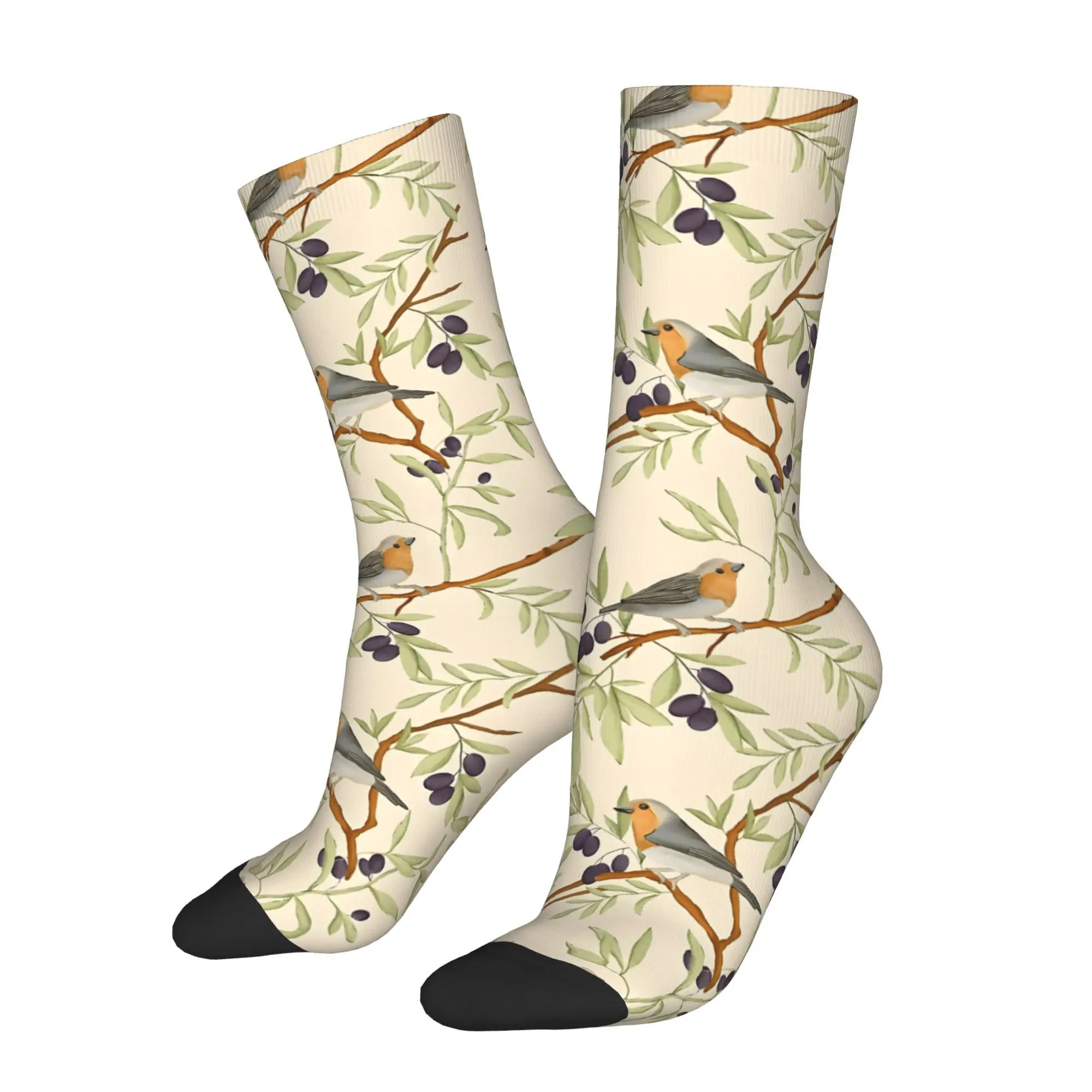 1pc Robin Birds On Olive Branches Printed Men's Socks  Novelty Hip Hop Harajuku Pattern Crew Sock Casual Gift