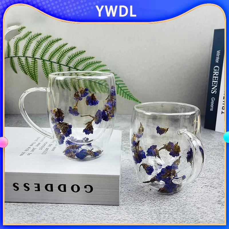 

350ml Transparent Double-layer Glass Cup Built In Natural Dried Flower Coffee Mug Office Cup With Handle For Espresso Juice Cup