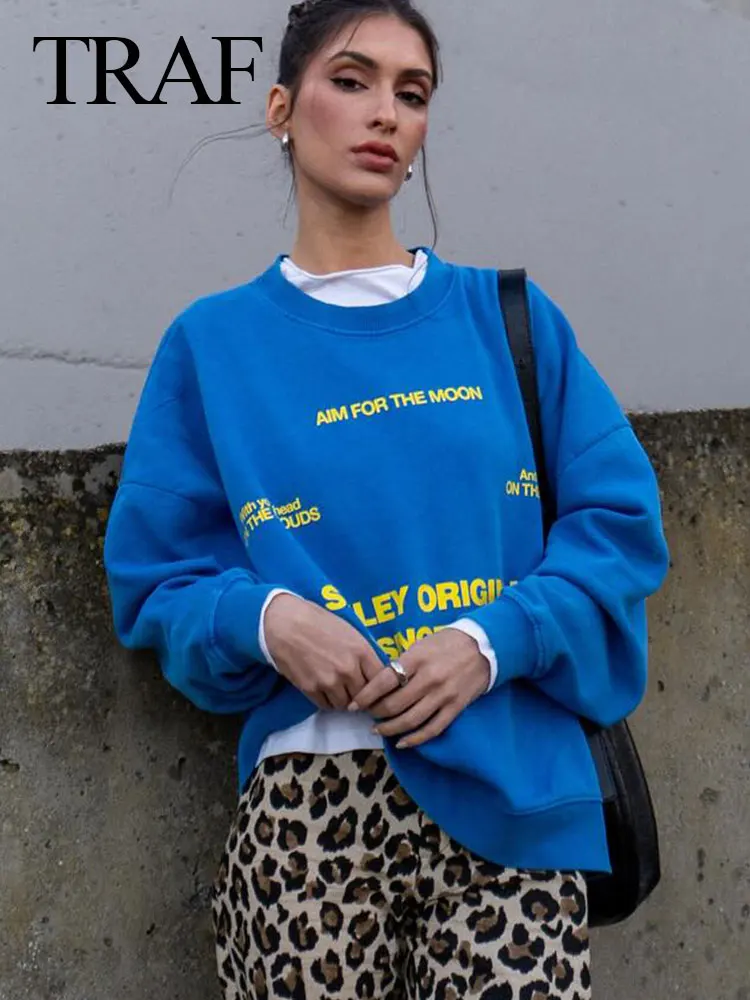 TRAF 2024 Spring New Women\'s Sports Pullover Round Neck Loose Long Sleeves Letter Print Blue Woman Sweatshirt Wild Streetwear