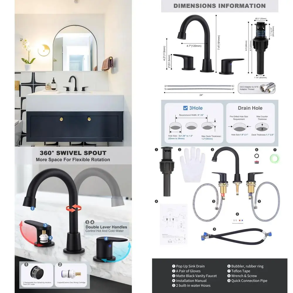 

8 Широко распространенных матовых черных смесителей для раковины с 3 отверстиями, выдвижным сливом и 2 шлангами, 360° ° Поворотный излив, ванна без свинца с 2 ручками F