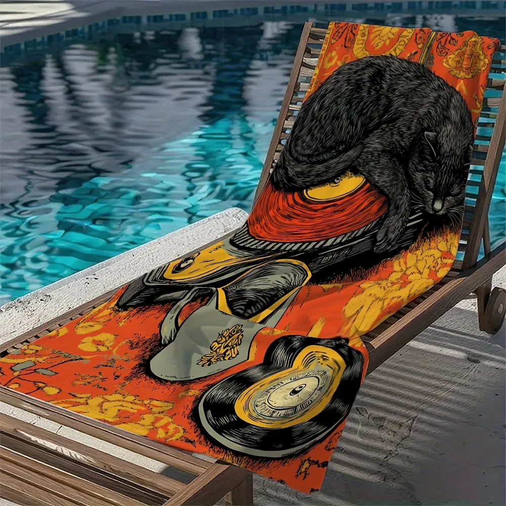 Oversized Microfiber Beach Towel Retro Music Cat Print with Vinyl Records Black Cat Turntable Design Quick-Dry Sand-Free