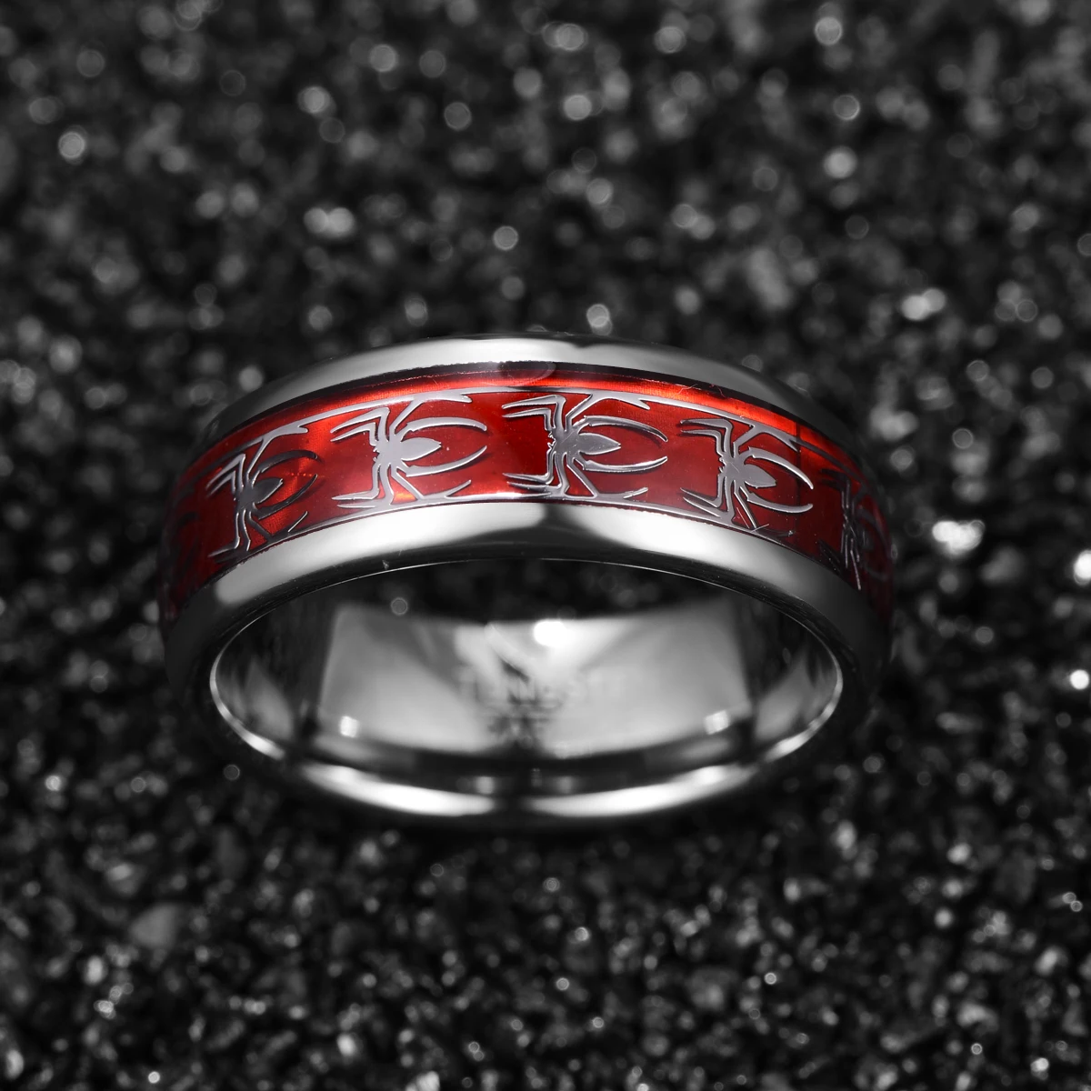 NUNCAD 8mm Wide Inlaid Red Opal Paper + Spider Motif Tungsten Steel Men's Ring Wedding Band Tungsten Carbide Ring T227R