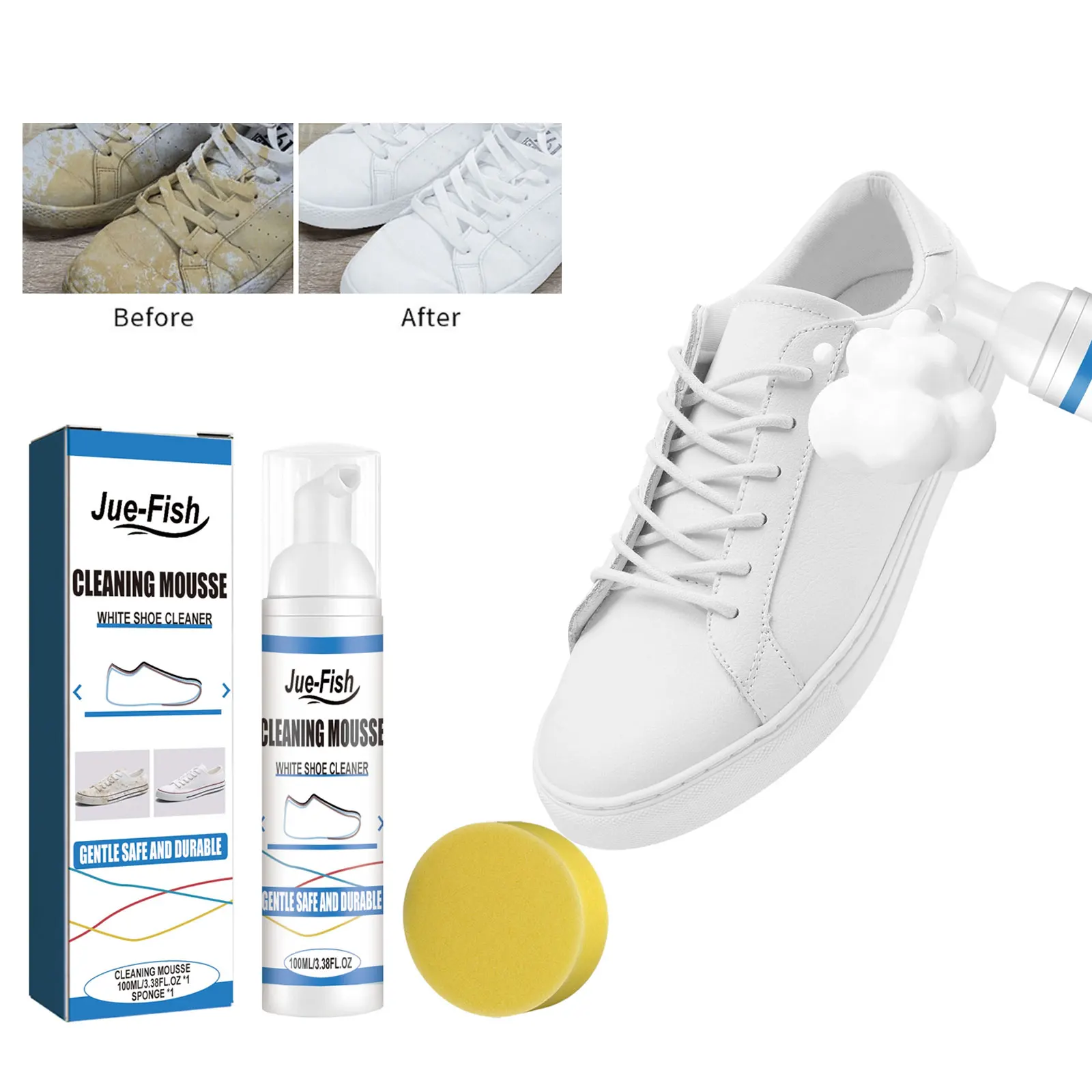 100ml White Shoes Whitening Foam Cleaner - Yellow Stain & Dirt Remover, Cleansing Solution for Sneakers, Boots & White Footwear