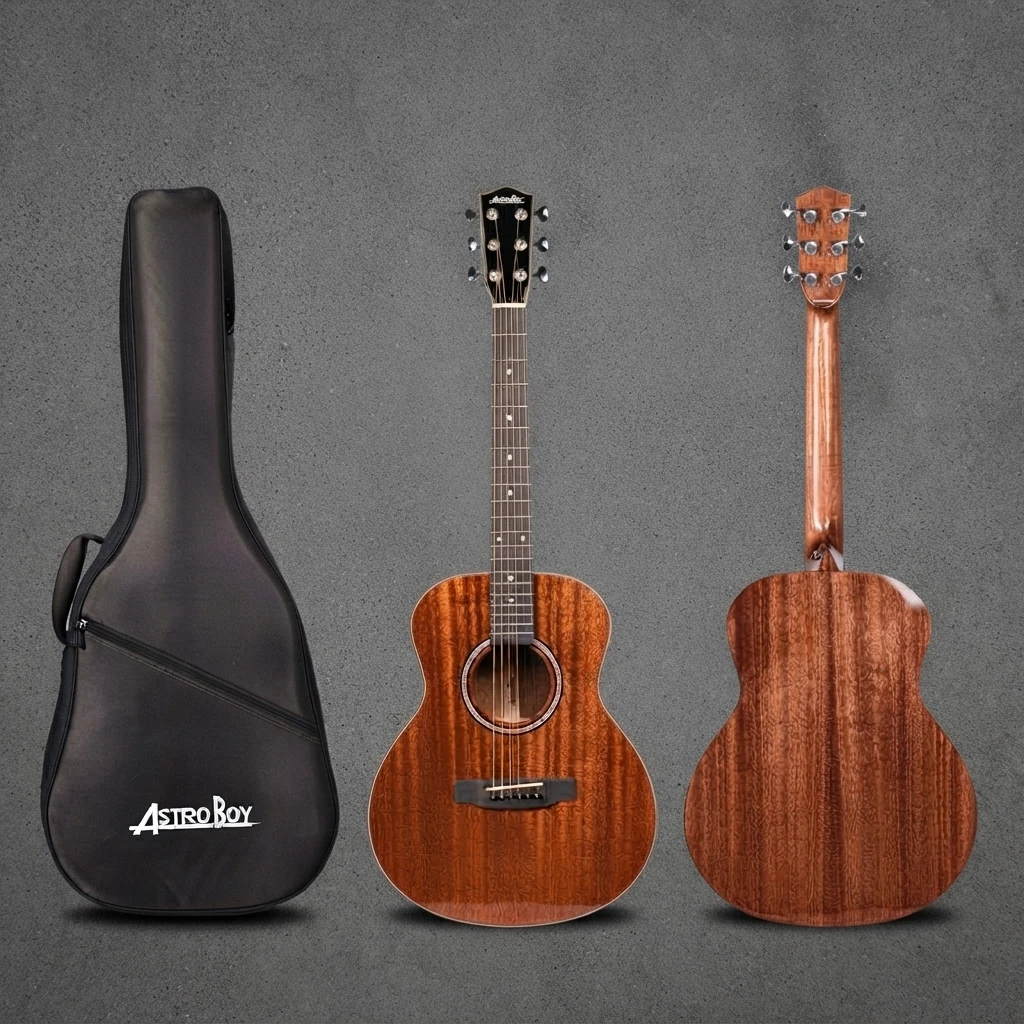 Red-Brown Gloss GA Guitar, Round Body Acoustic, Decorative Rosette, Black Bridge, Chrome Tuners, 6 Strings for Beginners