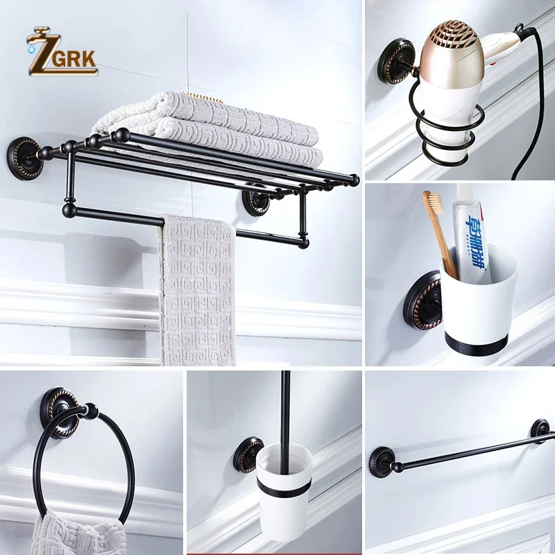 ZGRK European Style Black Brass Toilet Brush Bathroom Folding Mirror Luxury Residential Round Towel Ring Bathroom Hardware Kit