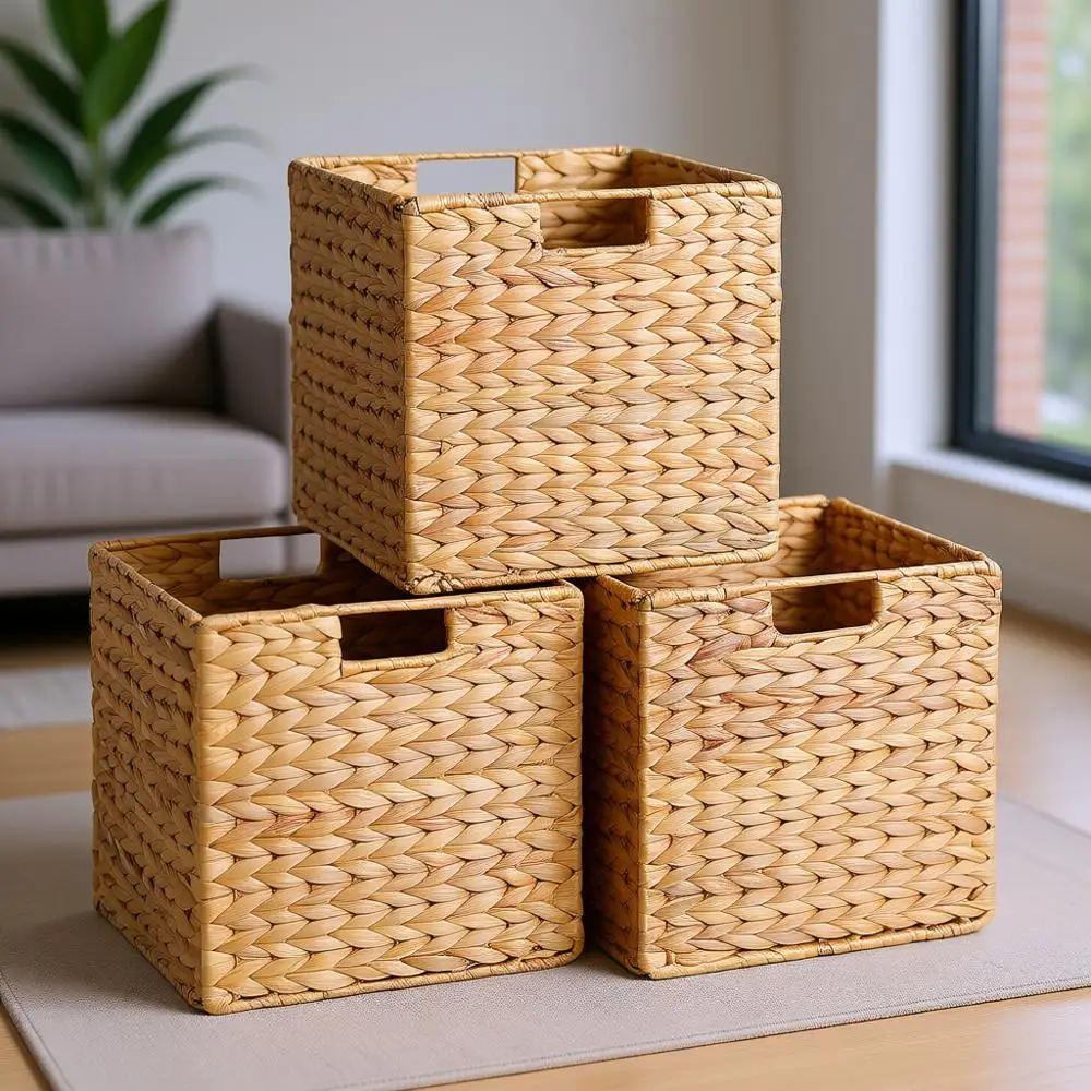 

Квадратные плетеные корзины для хранения 12x12x12 дюймов, органайзеры-кубы из ротанга, большие многофункциональные корзины