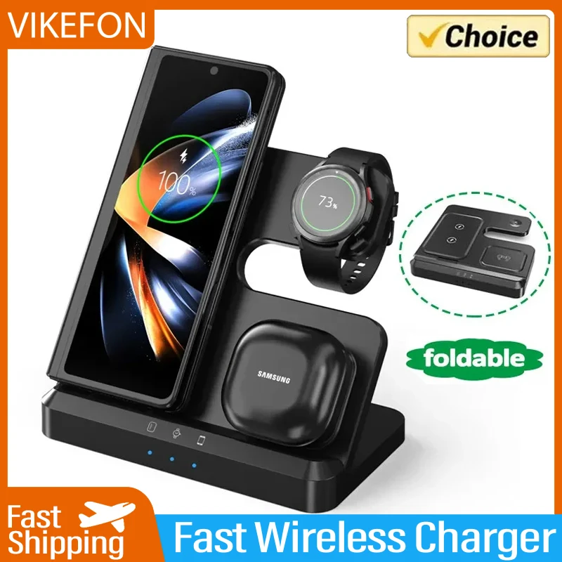 VIKEFON 3 in 1 Wireless Charger Stand Fast Charging Dock Station For Samsung S22 S21 S20 Note Galaxy Watch 5/4 Active 2/1 Buds