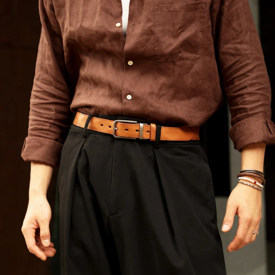 Vintage Handmade Top Layer Leather Belt for Men 3.4cm Wide Genuine Leather Pin Buckle Belt Business Commuter Casual Waist Belt