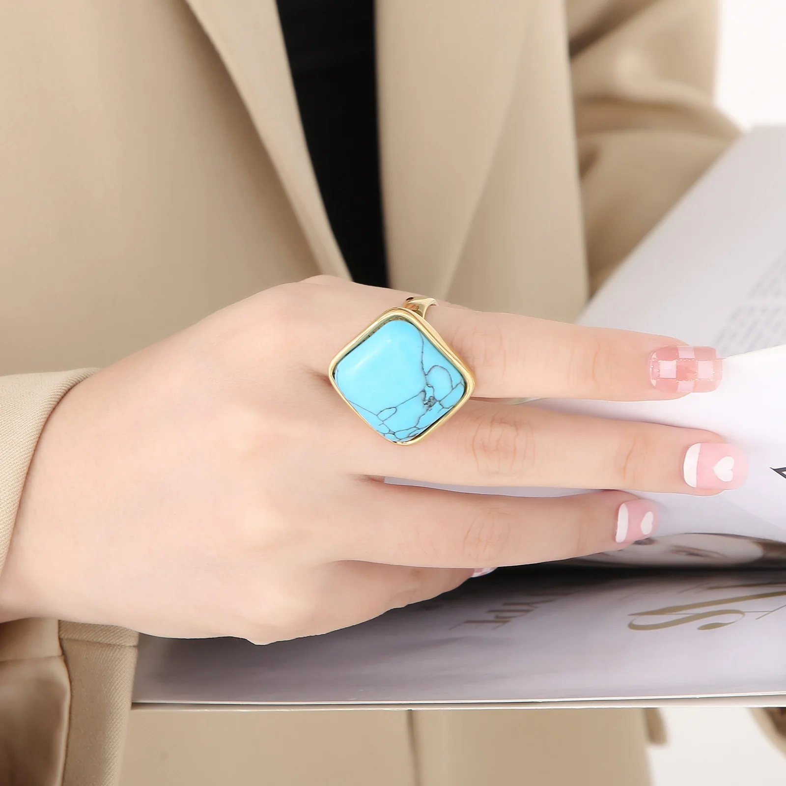 KALEN Big Stainless Steel Pearl Shell Rings For Women Girls Geometry Square Turquoise Rings Party Jewelry