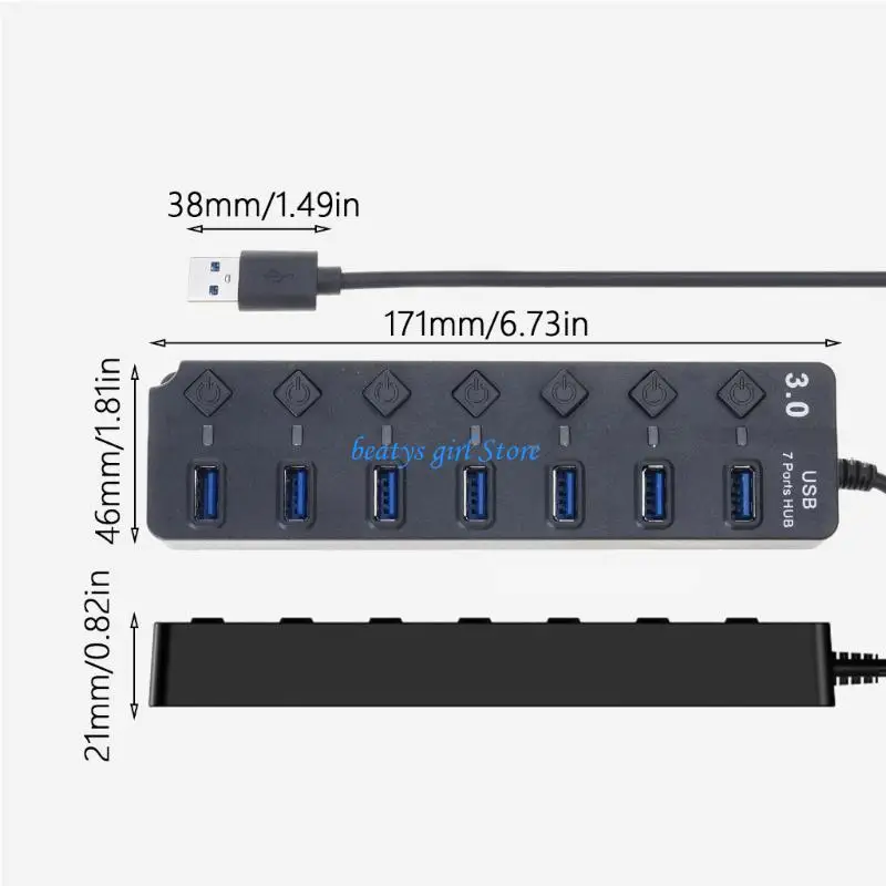 C7AB USB HUB с 7 с питанием с индивидуальными переключателями для флэш -накопителей.