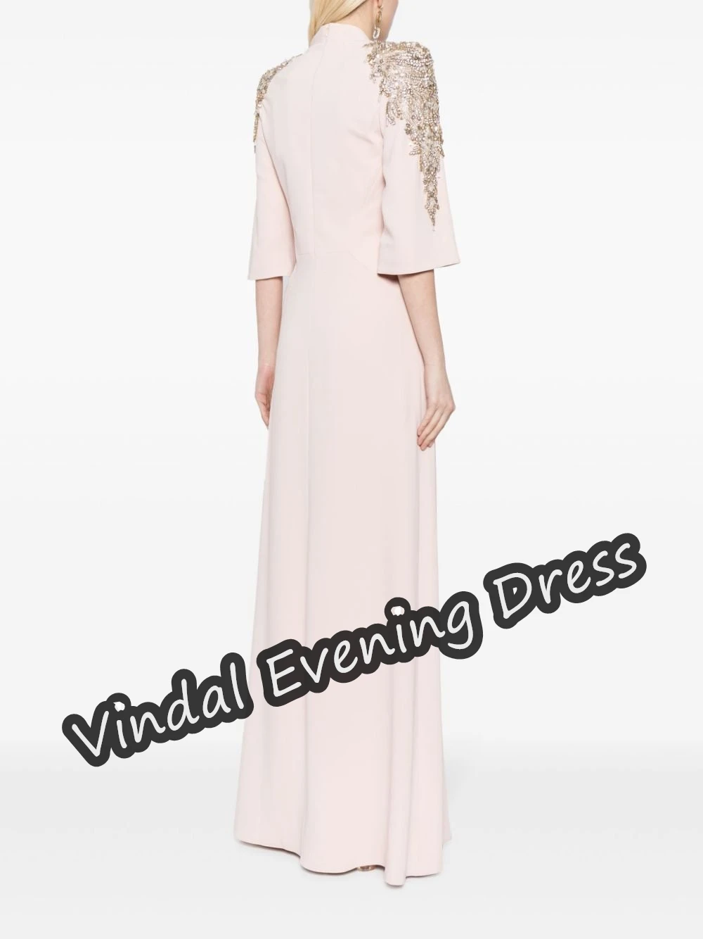 Vindal V-neck Evening Dress Floor Length A-Line Beads Elegant Built-in Bra Crepe Saudi Arabia Sexy Half Sleeves For Woman 2024