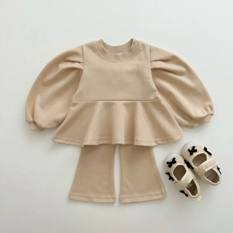 2024 Spring New Baby Girl Long Sleeve Clothes Set Kids Girls Puff Sleeve Sweatshirt + Flared Pants 2pcs Suit Children Outfits