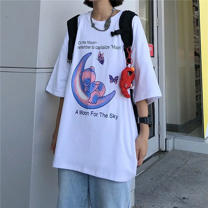 2022 الصيف Kawaii Y2k المرأة تي شيرت القمر الدب تي شيرت مطبوع تي شيرت على طراز هاراجوكو قصيرة لطيف الأكمام تي شيرت فتاة القوطية المحاصيل