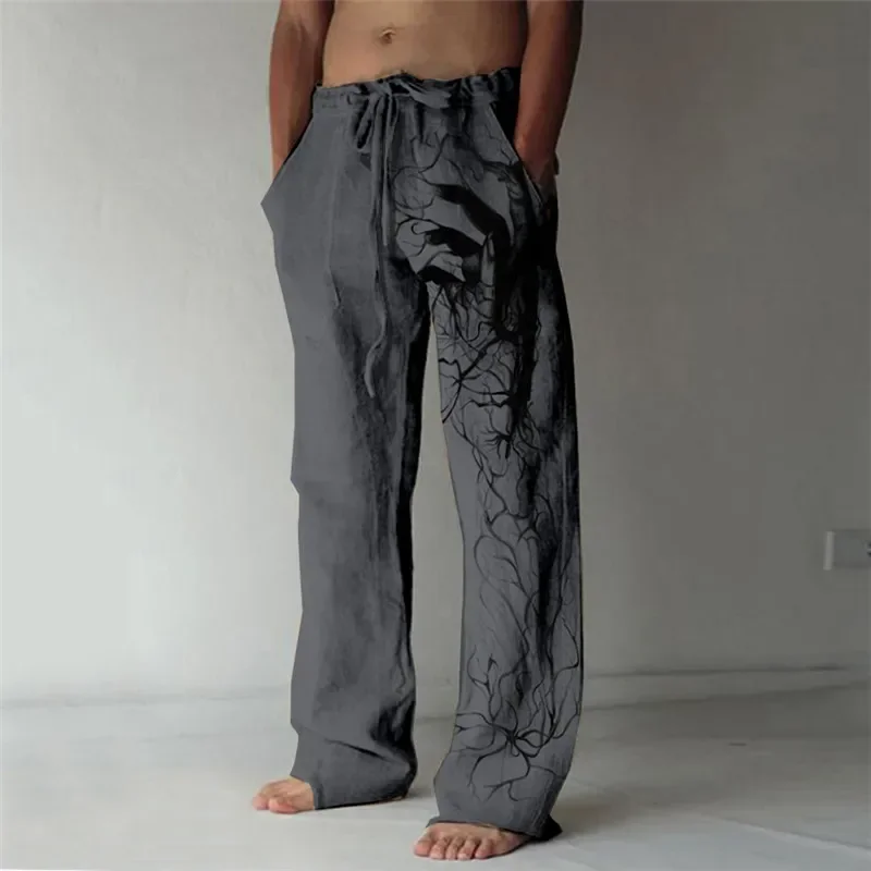 Summer fashion new men\'s wide-leg pants lion print handsome loose casual pants daily comfortable bamboo linen men\'s trousers