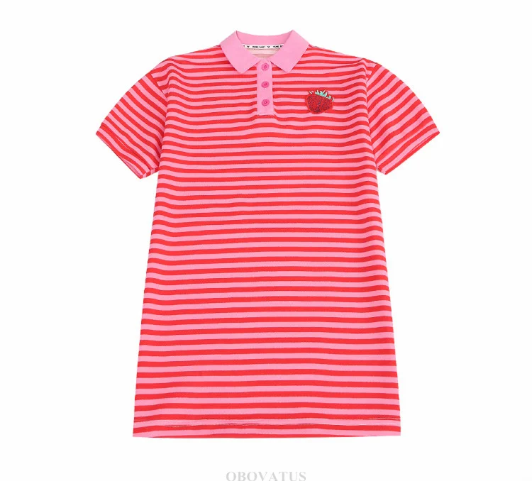 Elegantes gestreiftes Kinderkleid mit Erdbeer-Motiv für Mädchen, neues Design, kurzärmeliges Polokleid, lässige Baumwoll-Sommerkleidung für Kinder – Detail 13