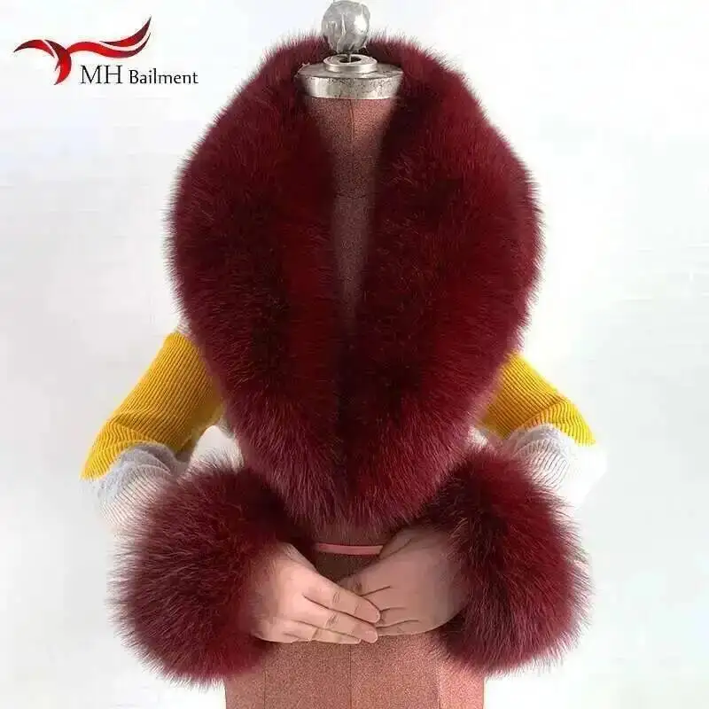 Natural Real Fox Fur Collar Cuff Set Winter Women Warm Scarf Genuine Fur Trimming For Parka Coat Hood Luxury Fluffy Decor Shawl