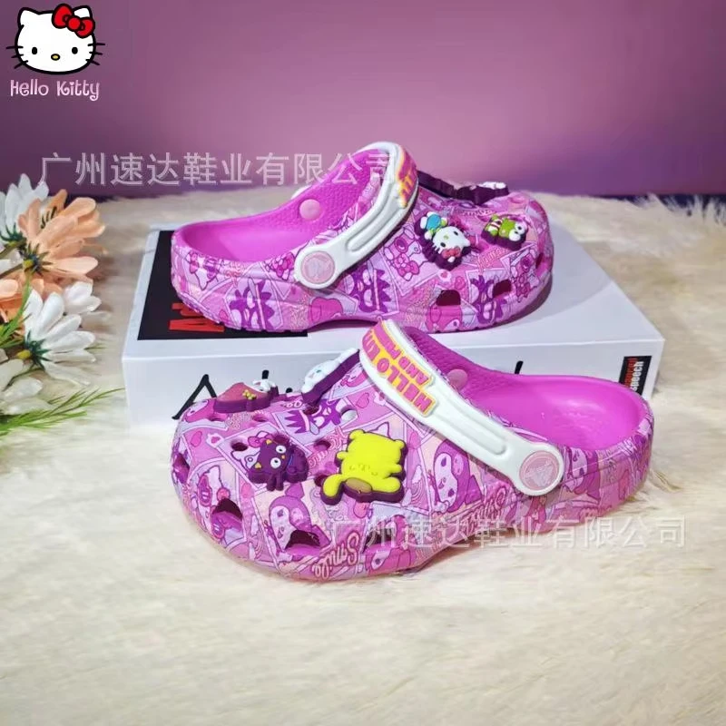 

Детские сабо Sanrio в стиле аниме: Hello Kitty, Kuromi, Cinnamoroll. Нескользящие летние сандалии, модные пляжные тапочки из ЭВА для девочек.