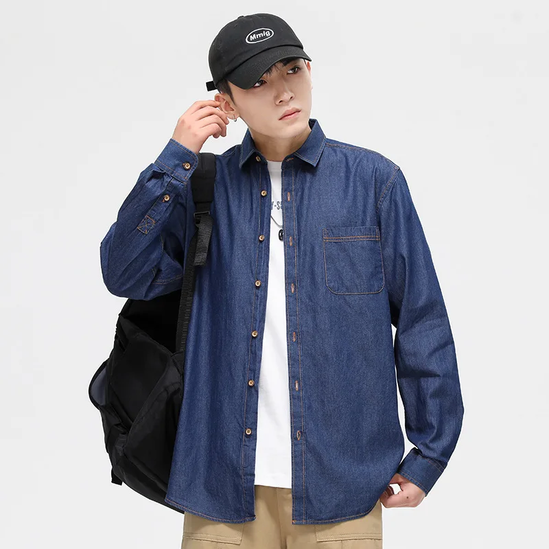 

Mens Denim cotton Shirt Fashion Harajuku Long Sleeve Tops Spring Autumn Vintage Jacket Trend Streetwear Oversized Male Clothing