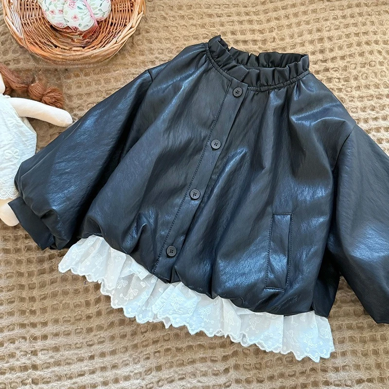 New Korea Kids Jackets for Girls Cute Lace Splicing Leather Jacket Kawaii Waterproof and Windproof Fake Leather Coat 90-150cm