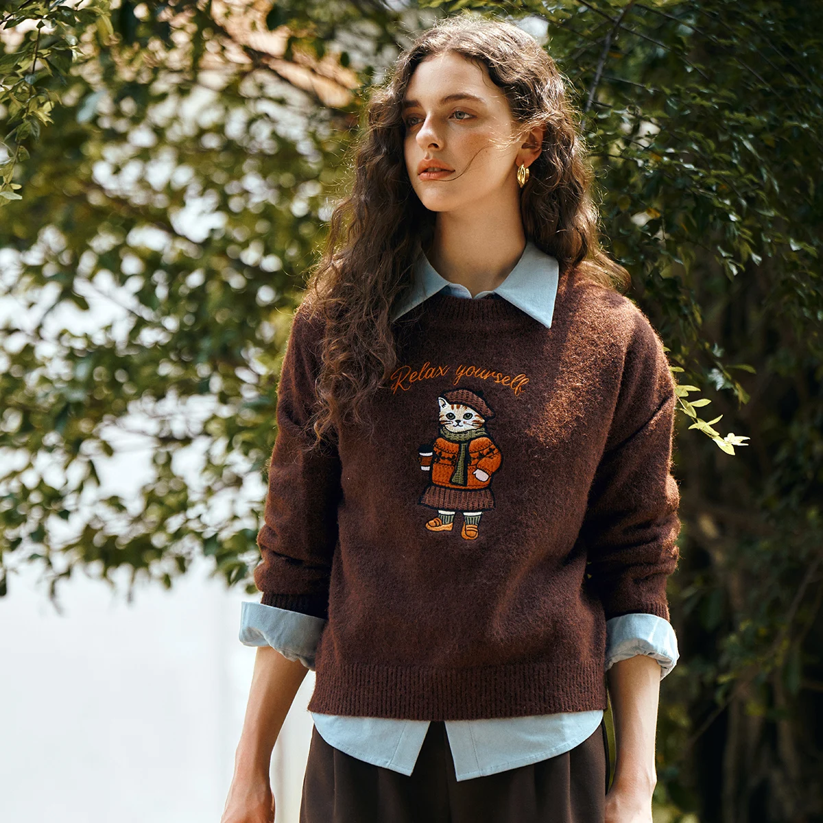 OLrain カジュアル長袖セーター 2025 秋の新楽しい刺繍ニットセーター O ネック通勤女性服 O57QZ001310