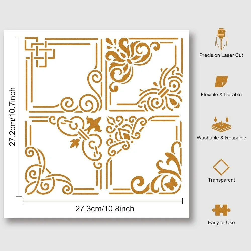 Corner Painting Stencil, Reusable Square Border Painting Templates DIY Art Craft Painting Wall Cut Stencils 11.8×11.8