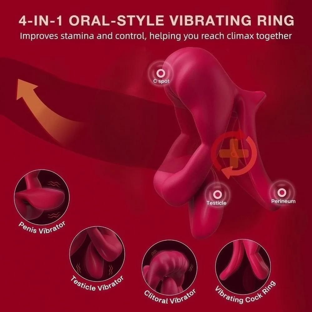 Vibrating Cock Ring Flexible Tongue Vibrator Dual Penis Ring with Mouth-Shape Clitoral Stimulator App Control Couples Sex Toys view 2
