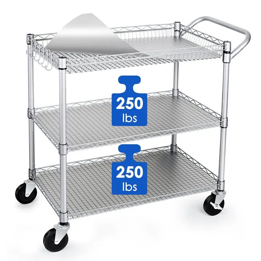 

Heavy Duty 3 Tier Utility Cart,Wire Rolling Carts with Wheels, Commercial Grade Service Cart with Shelving Liners and Handle Ba