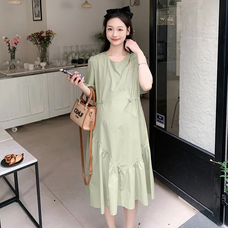 

French Style Short Sleeve Pregnant Women's Dress Summer Short Sleeve Drawstring Waist Irregular Fishtail Dress Maternity Mermaid