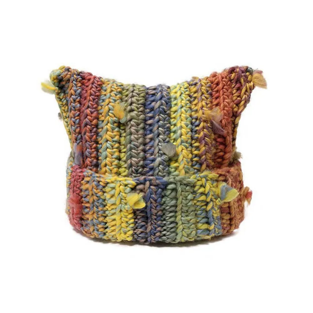 

Разноцветная шапка с кошачьими ушками, градиент цвета, дизайн с бахромой, вязаная шапка, толстая линия, вязаная вручную шапка, женская шапка