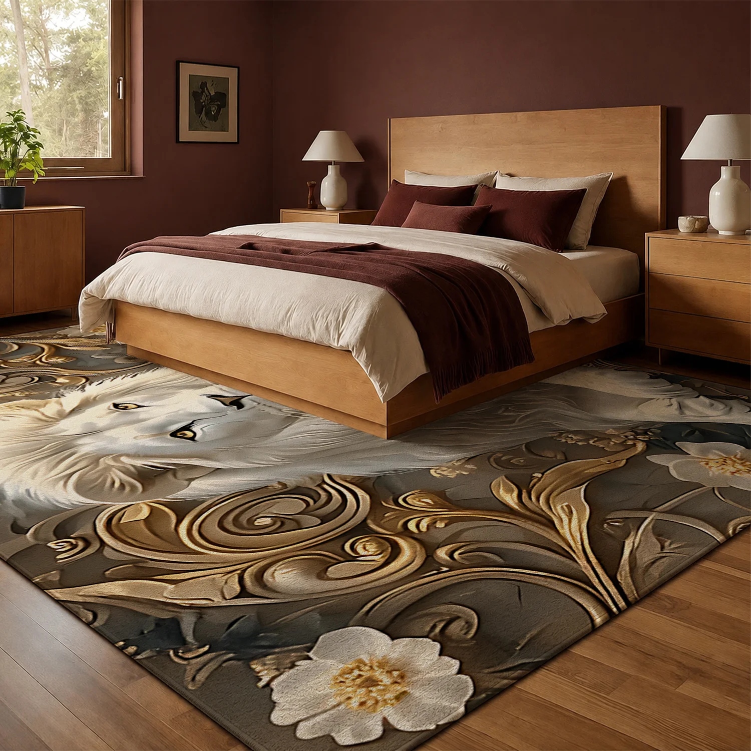 Large Indoor Area Rug, Soft Velvet Low Pile Non-slip Dotted Backing, Machine Washable, Elegant Ornate White Lion Gold Floral Pattern, Ideal for Living Room, Bedroom, Entryway Home Decor