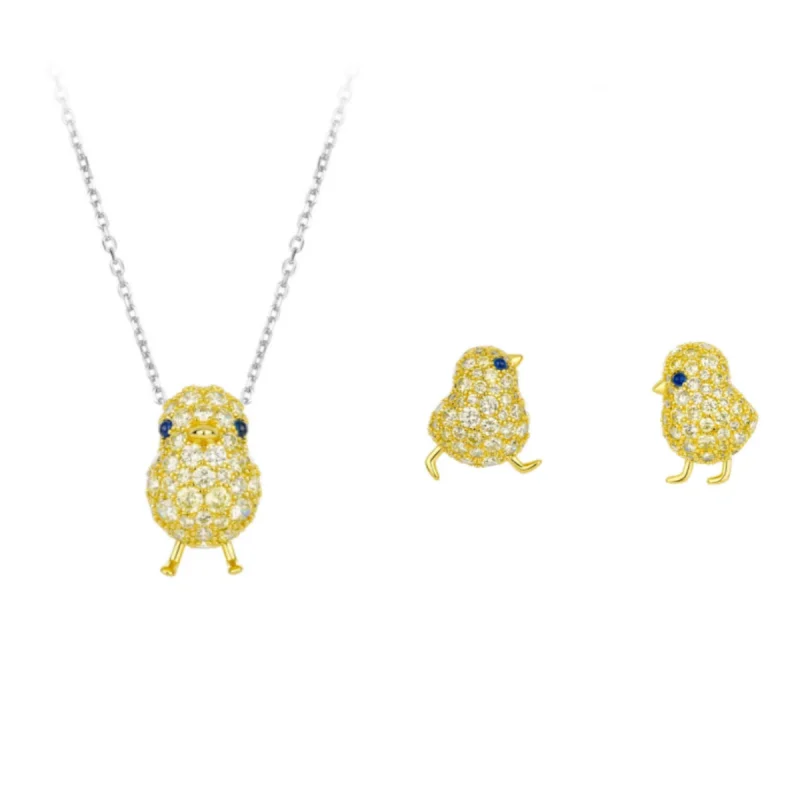 Cameo Cute Little Chick Gold Yellow Full Paved Cubic Zirconia Pendant Necklace Stud Earrings Cartoon Animal Fashion Jewelry