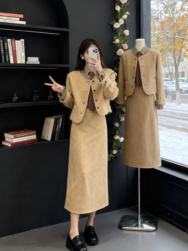 

Winter Faion plus Size Tee Piece Set Woolen Coat And Skirt Combo Ele Little Bla Dr Sle High Waist Skirt