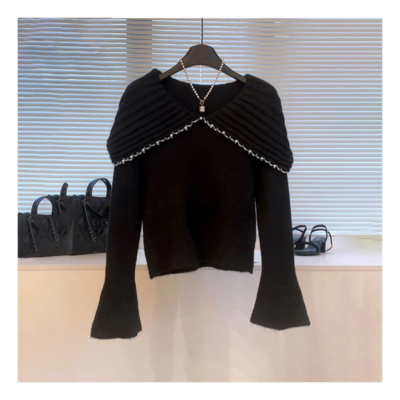 بلوفر كوري أنيق بياقة كبيرة على الطراز الفرنسي القديم بكتف واحد، بلوزة محبوكة بأكمام قصيرة راقية ومتعددة الاستخدامات للنساء #4