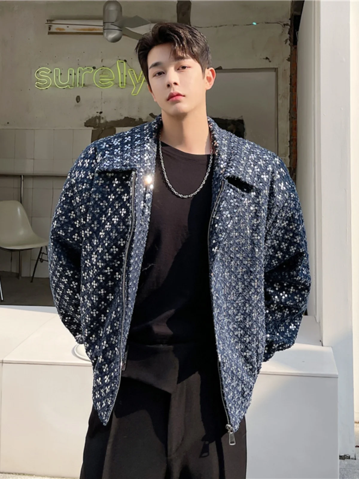 

Мужская модная куртка с пайетками и вышивкой, уличный стиль, весенняя верхняя одежда, полиэстер, длинный рукав, на молнии, повседневная