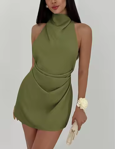 Women's Pleated High-neck Backless Tie-waist Mini Dress Slip Satin Mini Dress Evening Party Cocktail Dress