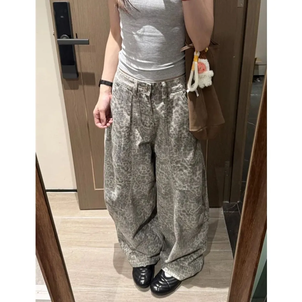 SALIENCY American Vintage Leopard Print Curved Wide Leg Jeans for Women High Waist Loose Straight Denim Long Pants Streetwear