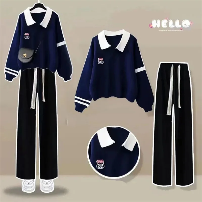 2023 Summer New Style College Polo Shirt Casual Sports Wide Leg Pants Two-piece Elegant Women Tracksuit Running Outfits