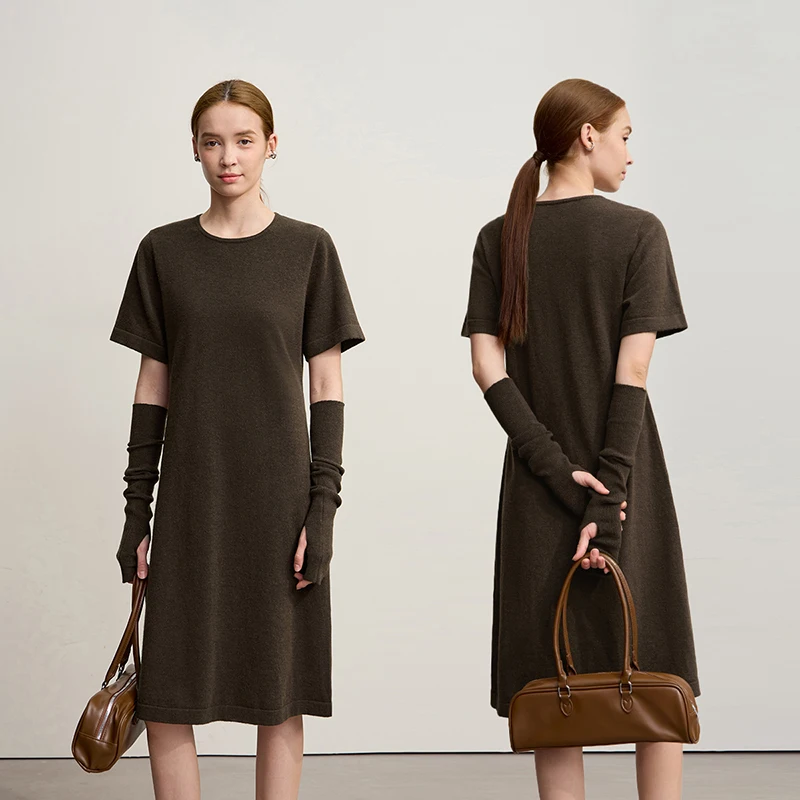 Amii Womens Dresses 2025 Winter New Minimalist Round Neck Loose Elastic Short Sleeves Knitted Wool Dresses For Woman 12544053