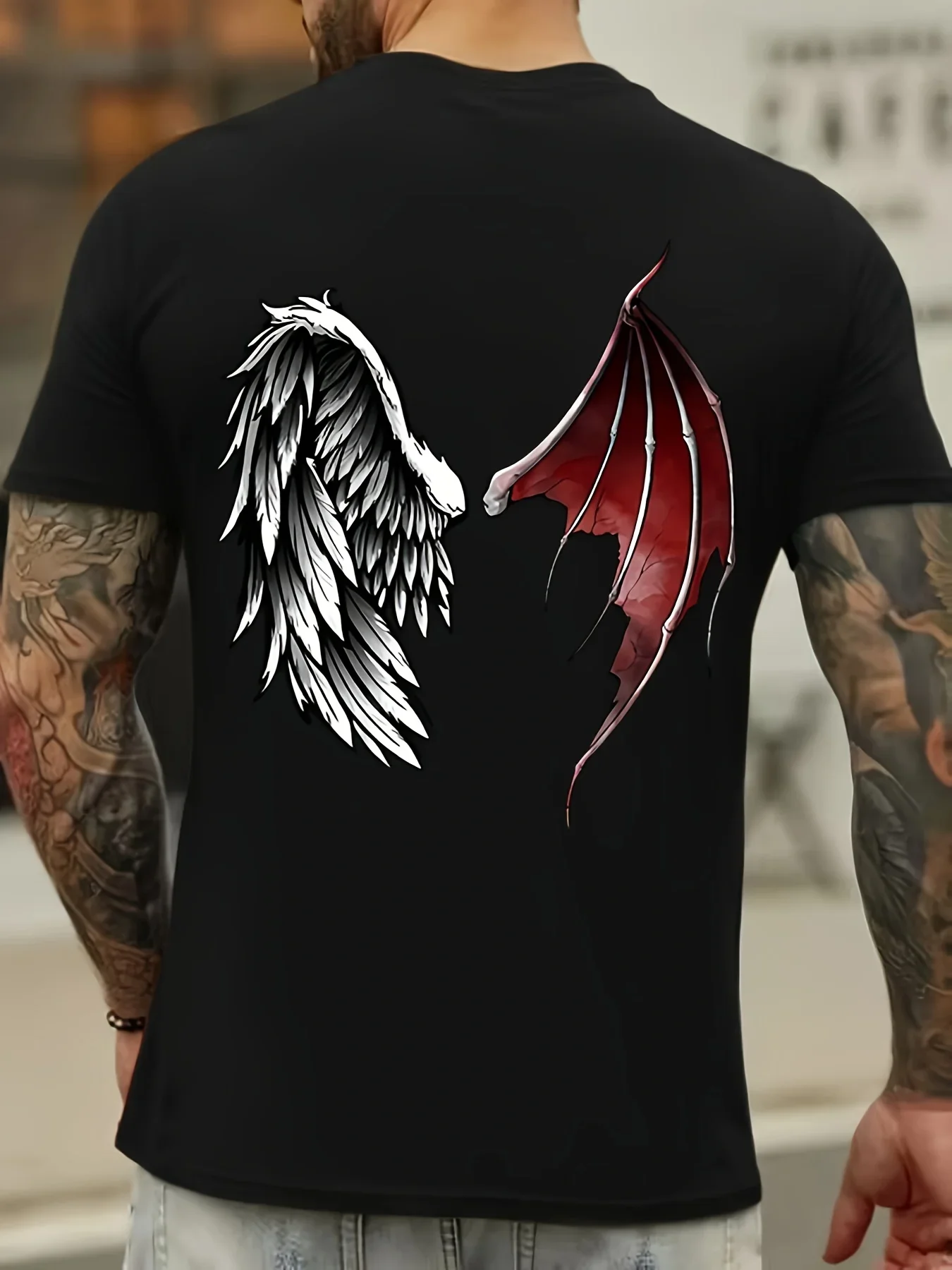 Angel Devil Wings Print Short Sleeve Cotton Tee for Men Casual Quick Drying Breathable T-Shirt Round Neck Tshirt for All Seasons