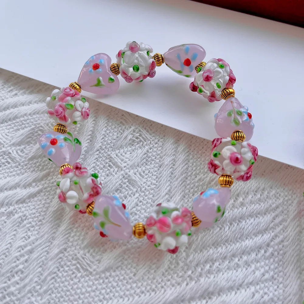 Vintage Murano pink flower ball with love glazed necklace bracelet ear hook set spring and summer versatile accessories