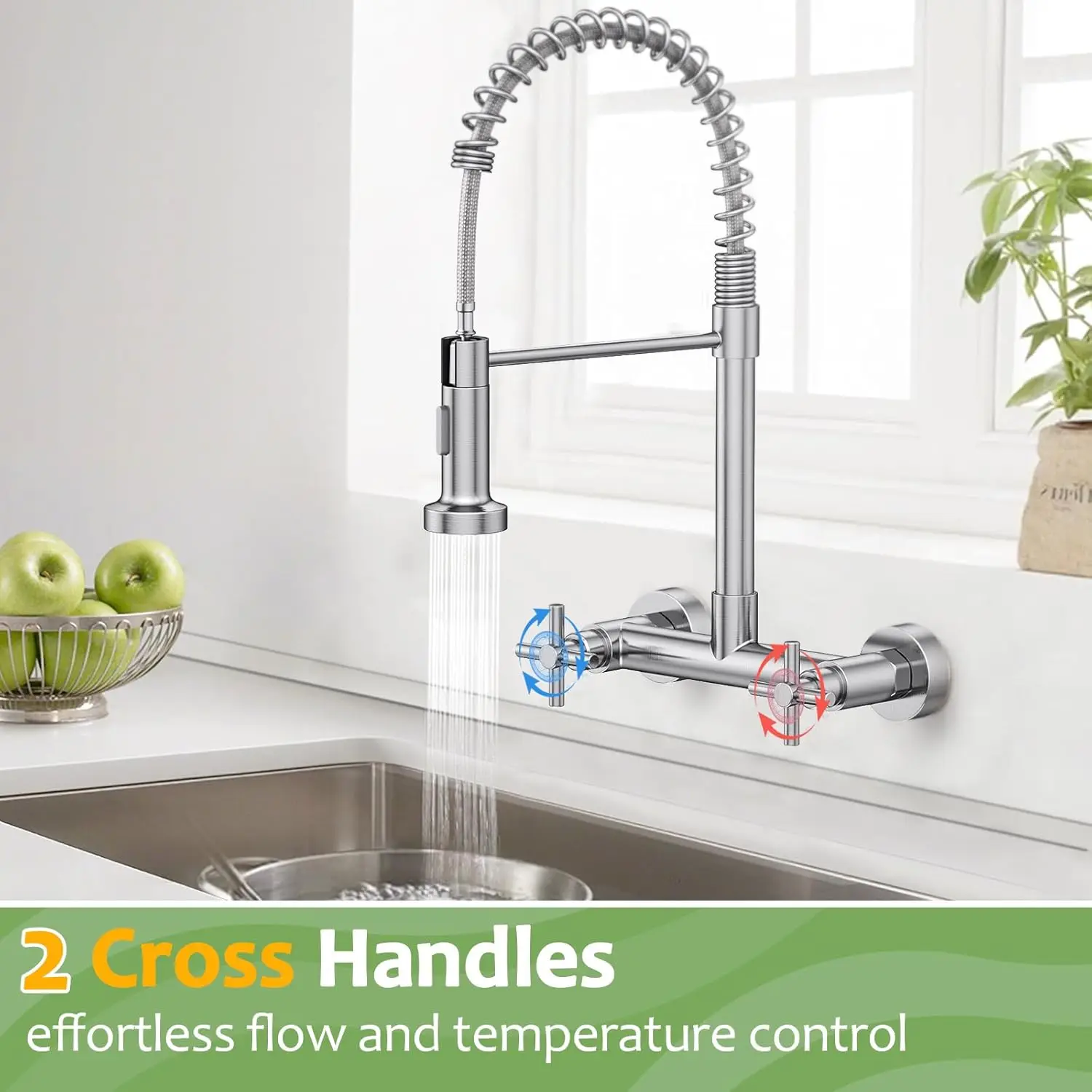 صنبور مطبخ مثبت على الحائط، نيكل مصقول، مقبض 8 بوصات مع بخاخ قابل للسحب للمطبخ والغسيل #5