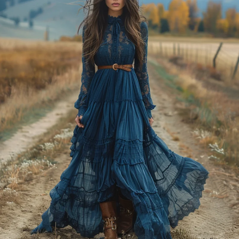 Women Sexy Blue Lace Maxi Dress, Long Sleeve High Neck Tiered Ruffle Gown for Party Club Cocktail Night Out Wedding Guest Casual view 3